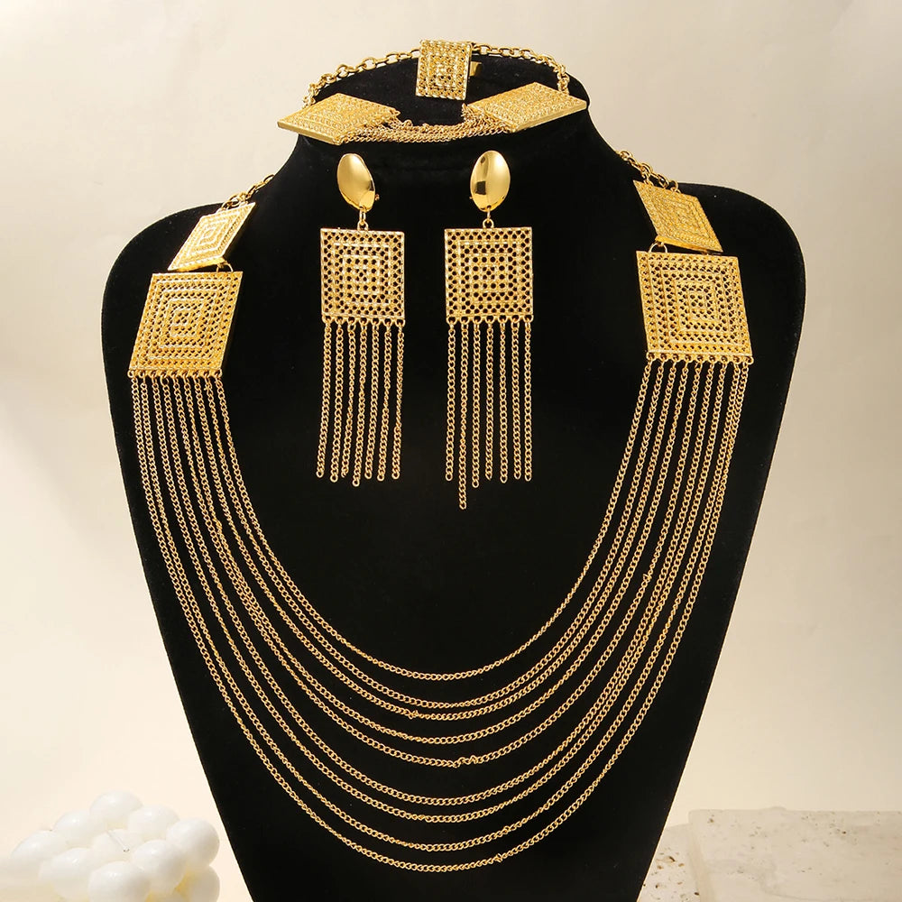 AUKYGGUS Gold Plated Tassel Jewelry Set Necklace Earrings