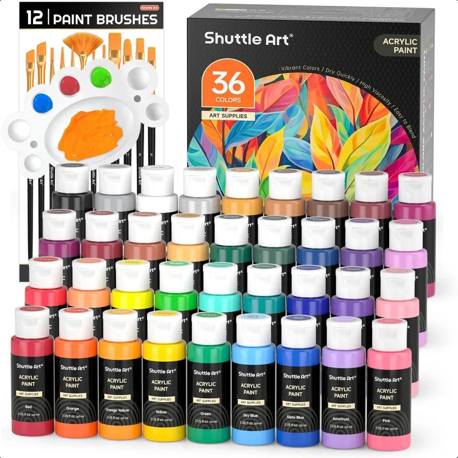 Acrylic Paint Set 36 Colors Acrylic Paint with Brushes Palette 2oz 60ml Bottles Rich Pigments Nontoxic for Artists Adults Paint