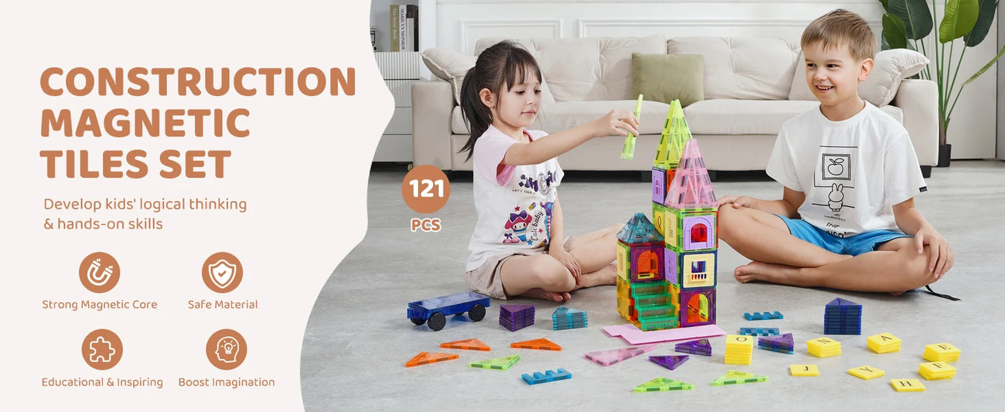 SucceBuy 121PCS Magnetic Building Blocks Set Construction Puzzle Magnetic Sheet Tiles Boys Girls Children Montessori Toys Gifts