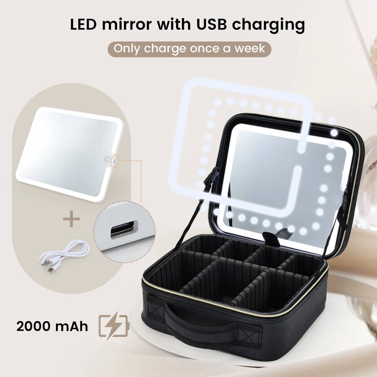 Makeup Bag With LED Mirror 3 Modes Lights Travel Makeup Case Lighted Vanity Mirror Portable Cosmetic Organizer