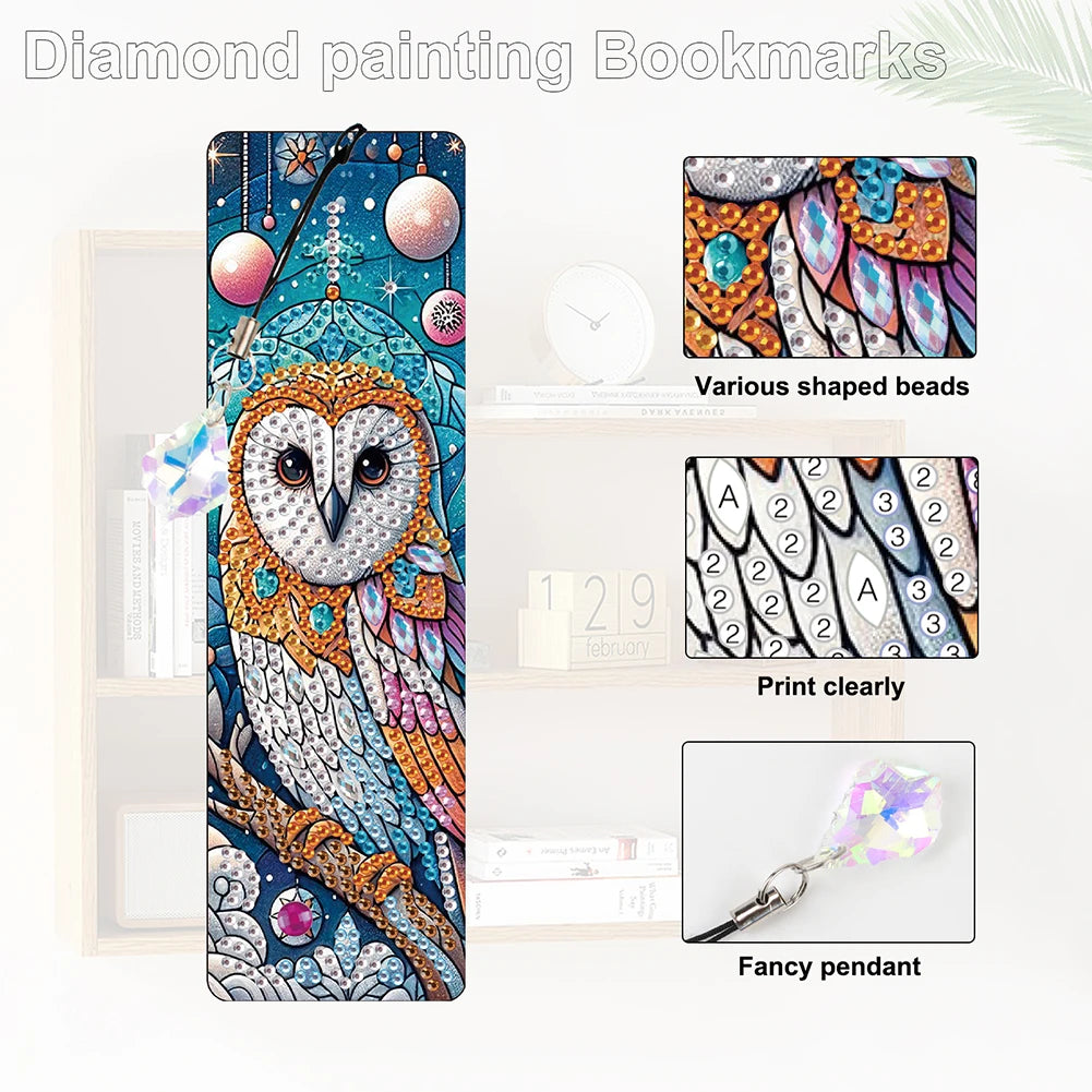 8Pcs DIY Owl Diamond Painting Art Bookmarks with Crystal Pendants for Reading