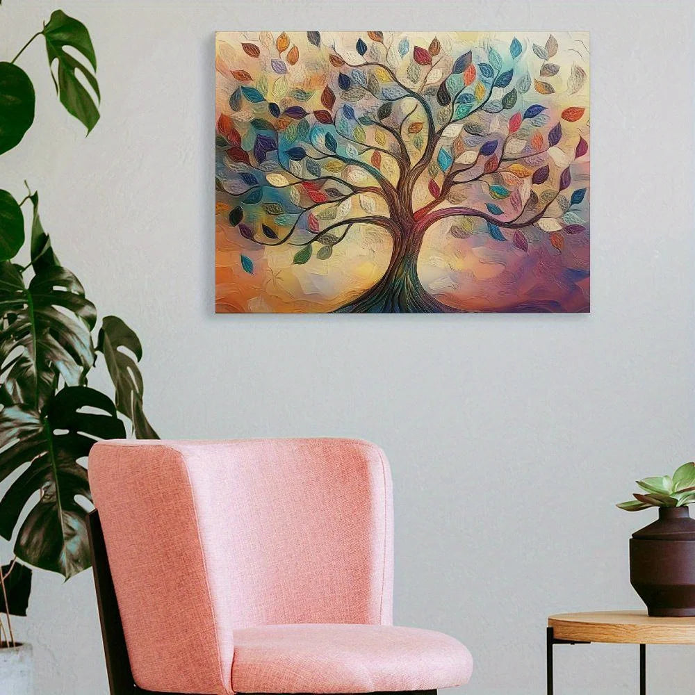 1PC Fir Framed Tree of Life Canvas Painting Abstract World Tree Wall Art for Living Room Bedroom Decoration
