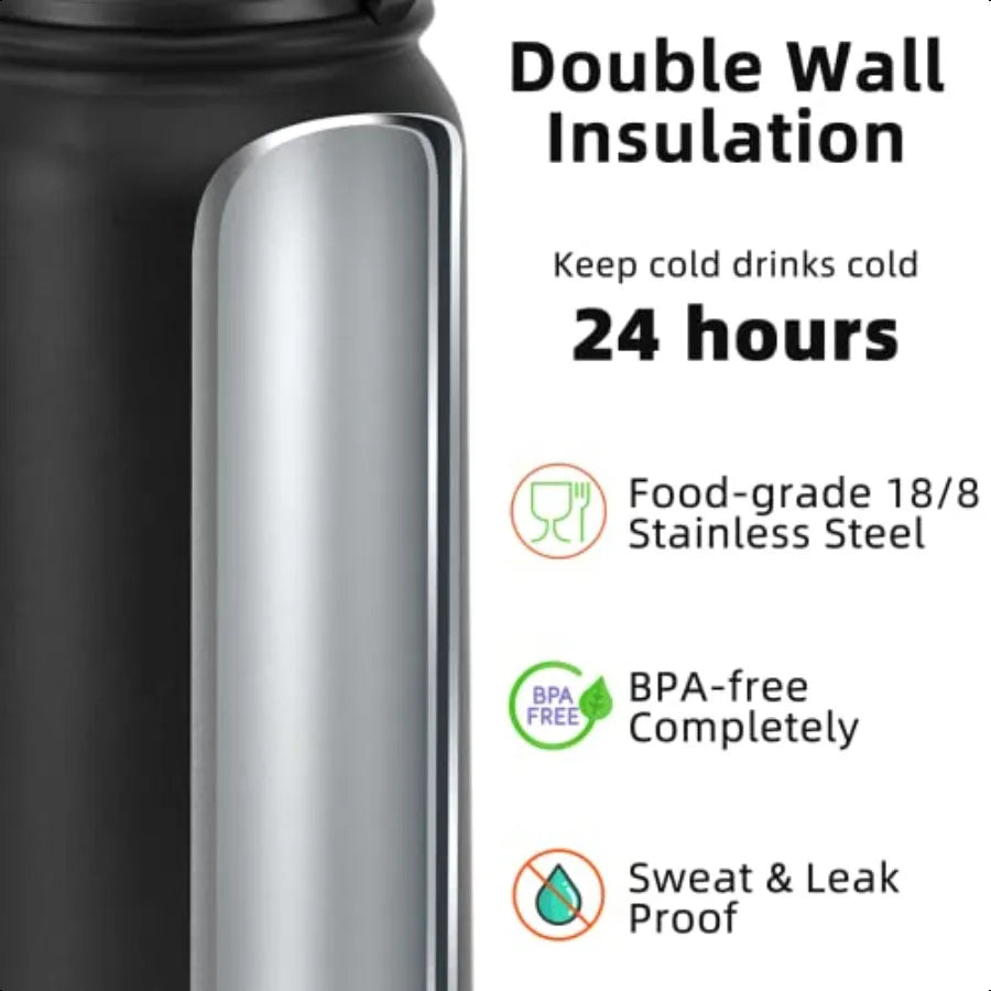 20 Oz Insulated Stainl Steel Water Bottle with 1 Lid Chug Lid For Women Men Leak Sweat Proof with AntiDust Lid (Black)