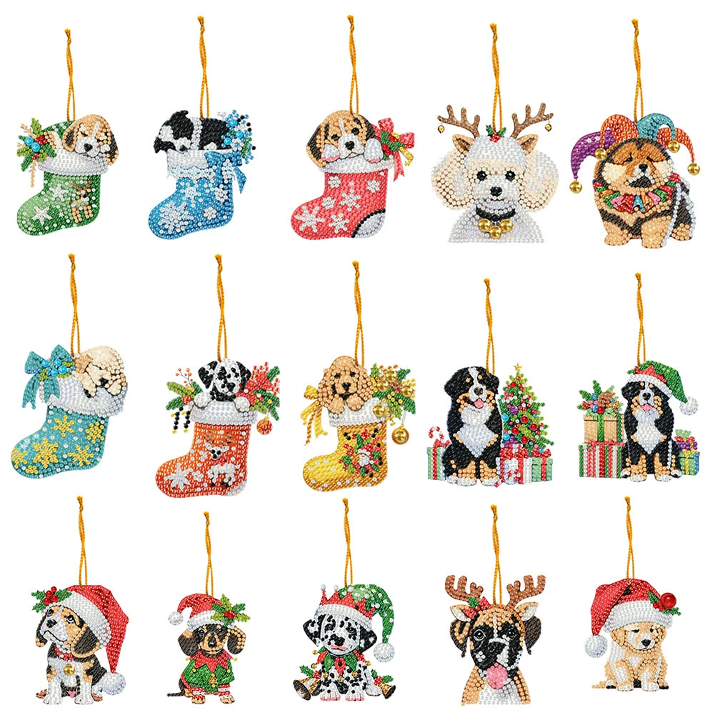 15pcs Xmas Dog Theme 2D Flat DIY Hanging Diamond Art Kits Home Wall Decoration