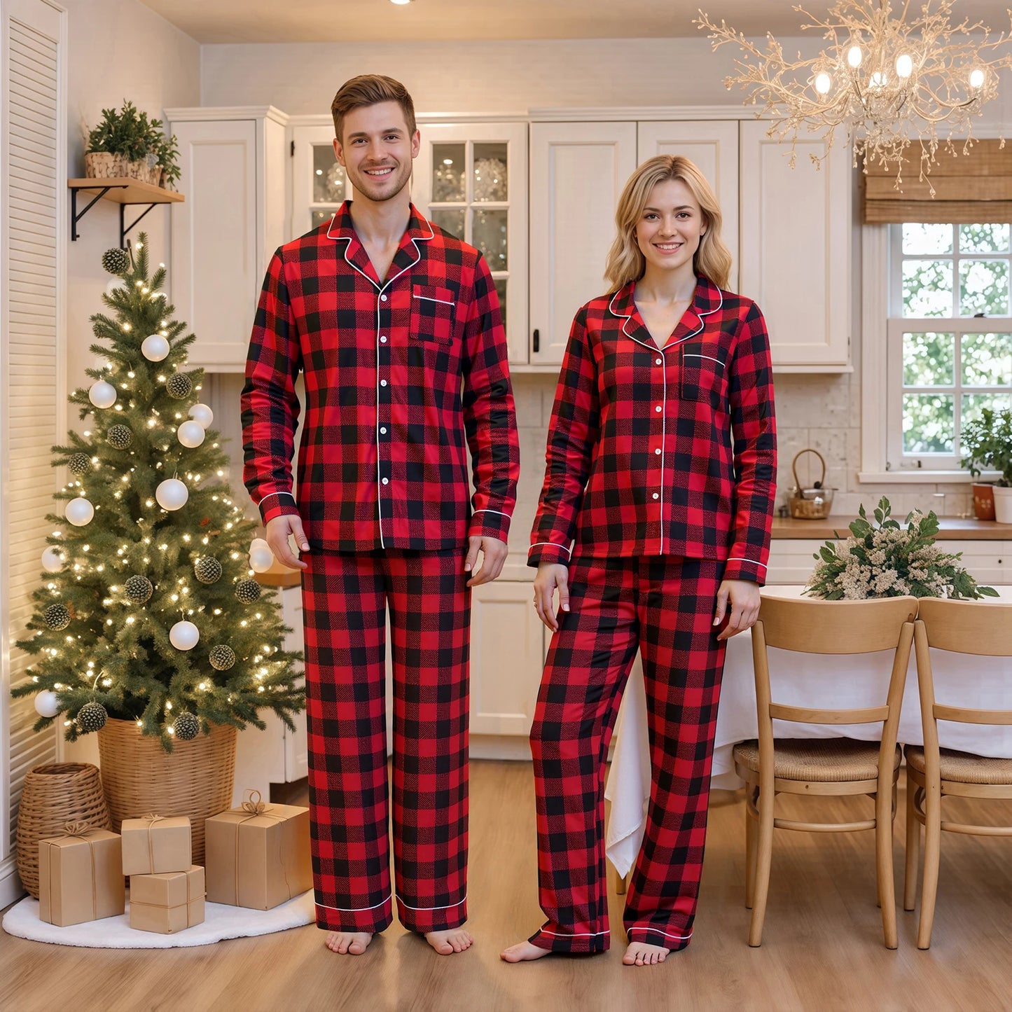 Christmas Family Pajamas Matching Set Long Sleeve Shirt with Pants Plaid Sleepwear Loungewear for the Whole Family