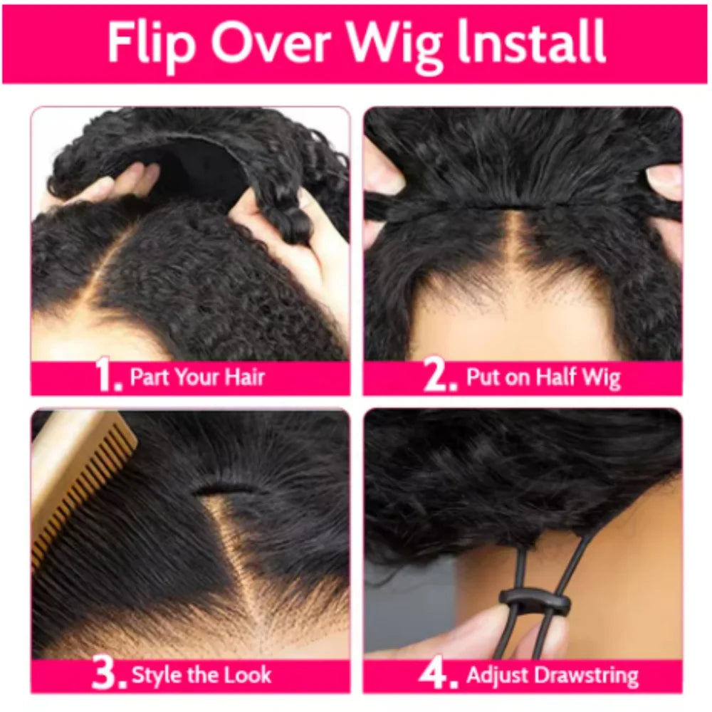 With Drawstring Seamless Clip Ins Flip Over Wig Upgrade 3 IN 1 Half Wig 200% Density Curly Half Wigs for Women Hair for summer
