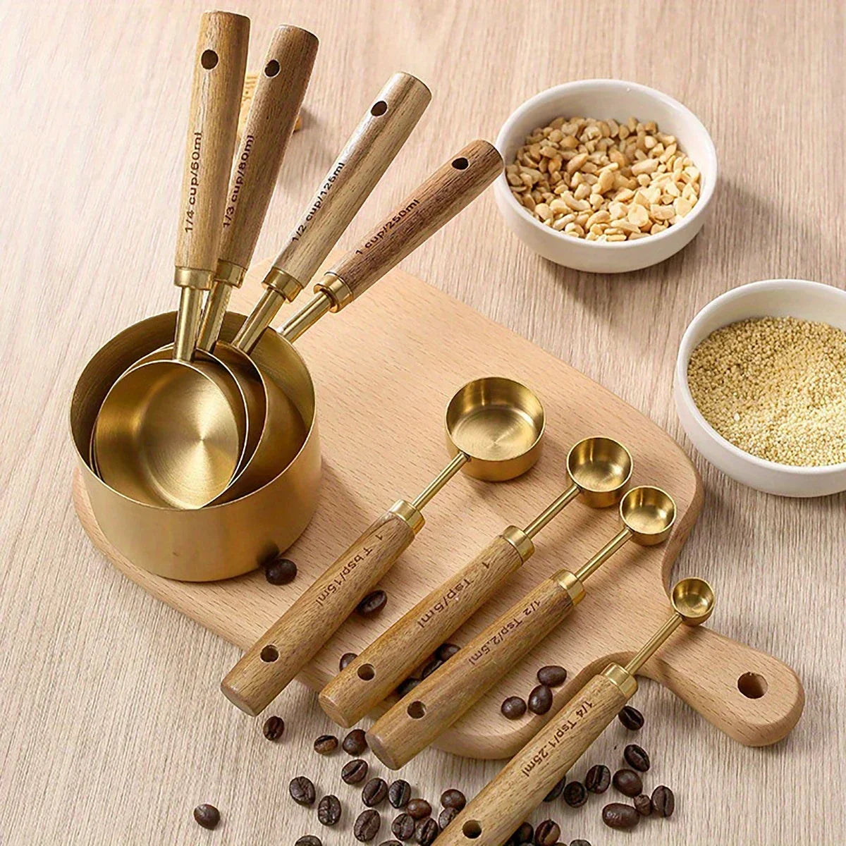4/8Pcs Measuring Cups Spoons Stainless Steel Gold Wooden Handle Baking Tools Coffee Bartending Scale Kitchen Accessories Set