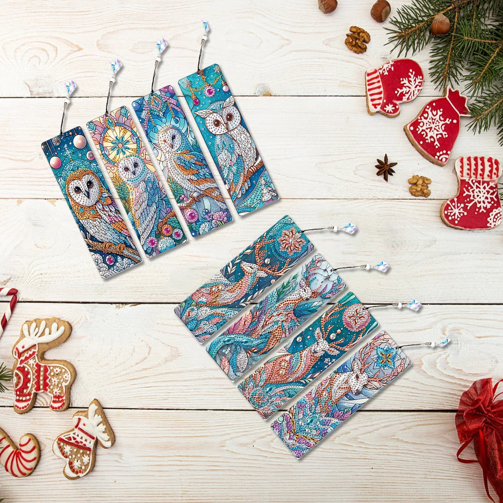 8Pcs DIY Owl Diamond Painting Art Bookmarks with Crystal Pendants for Reading