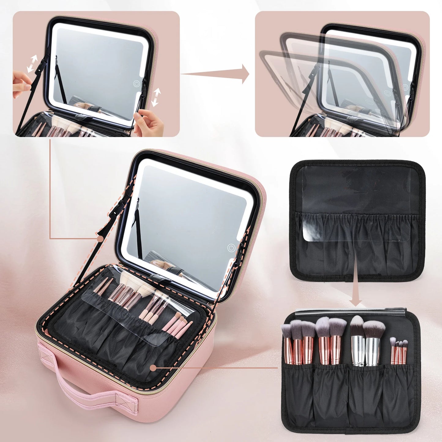 Makeup Bag With LED Mirror 3 Modes Lights Travel Makeup Case Lighted Vanity Mirror Portable Cosmetic Organizer
