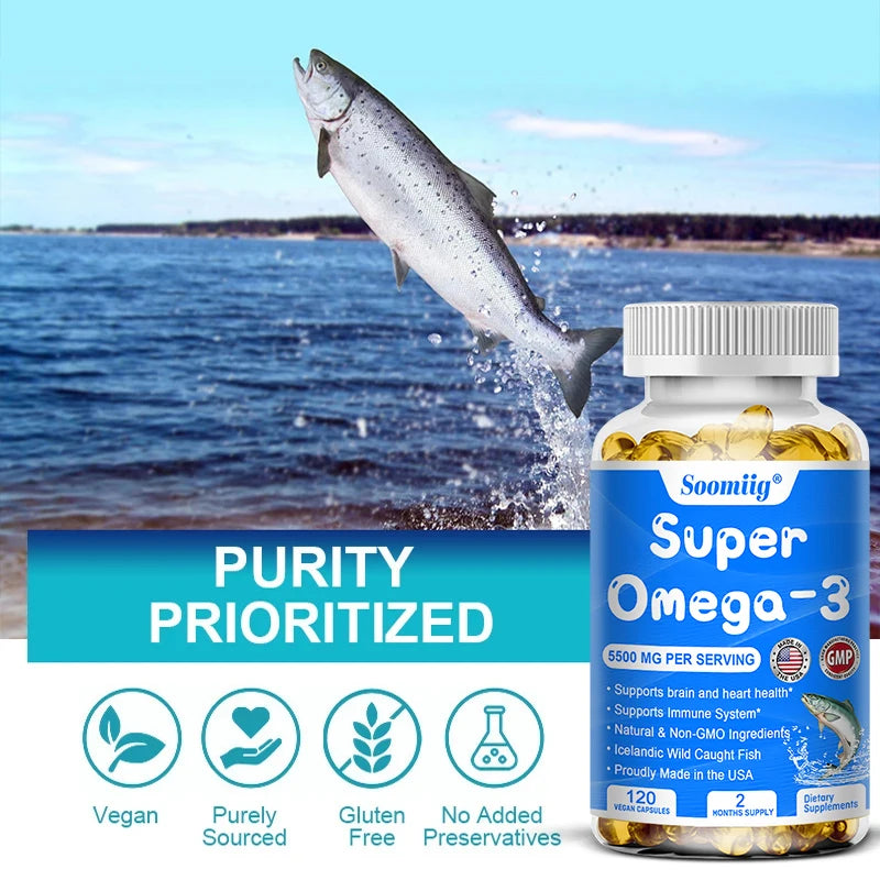 Wild Caught Super Strength Omega 3 Fish Oil 120 Softgels 5500mg High EPA 1200mg DHA 900mg Non-GMO Gluten Free Dietary Supplement