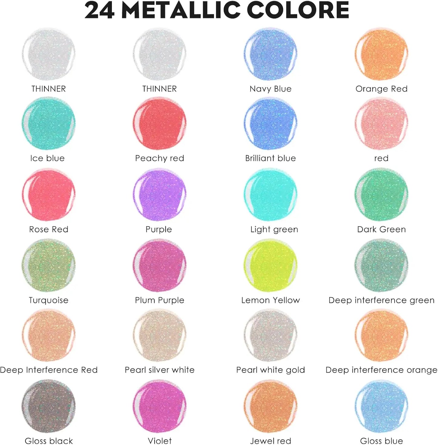 Metallic Acrylic Airbrush Paint - 22 Colors with 2 Thinner Airbrush Paint Set (0.67 oz), Water Based Acrylic Air Brush Paint