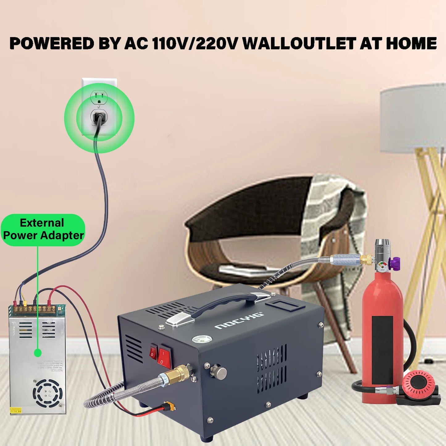 4500Psi 30Mbar Portable PCP Air Compressor Pump 12VDC/110V Power Oil/Water-Free High Pressure Diving Bottle