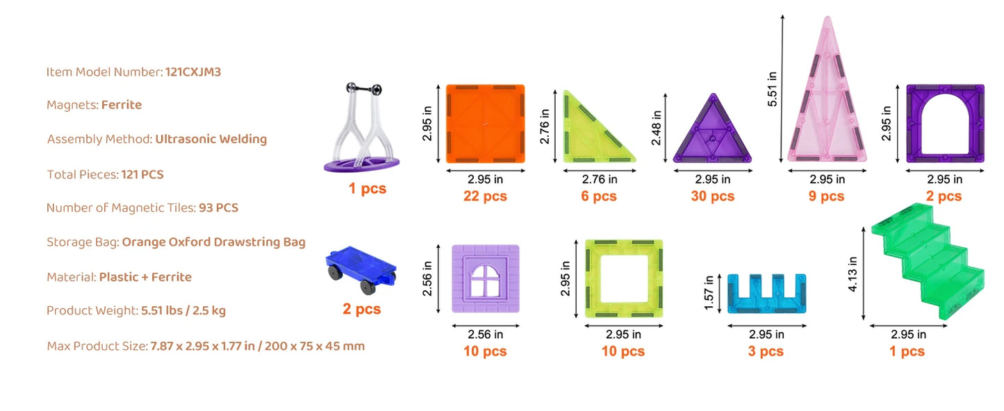 SucceBuy 121PCS Magnetic Building Blocks Set Construction Puzzle Magnetic Sheet Tiles Boys Girls Children Montessori Toys Gifts