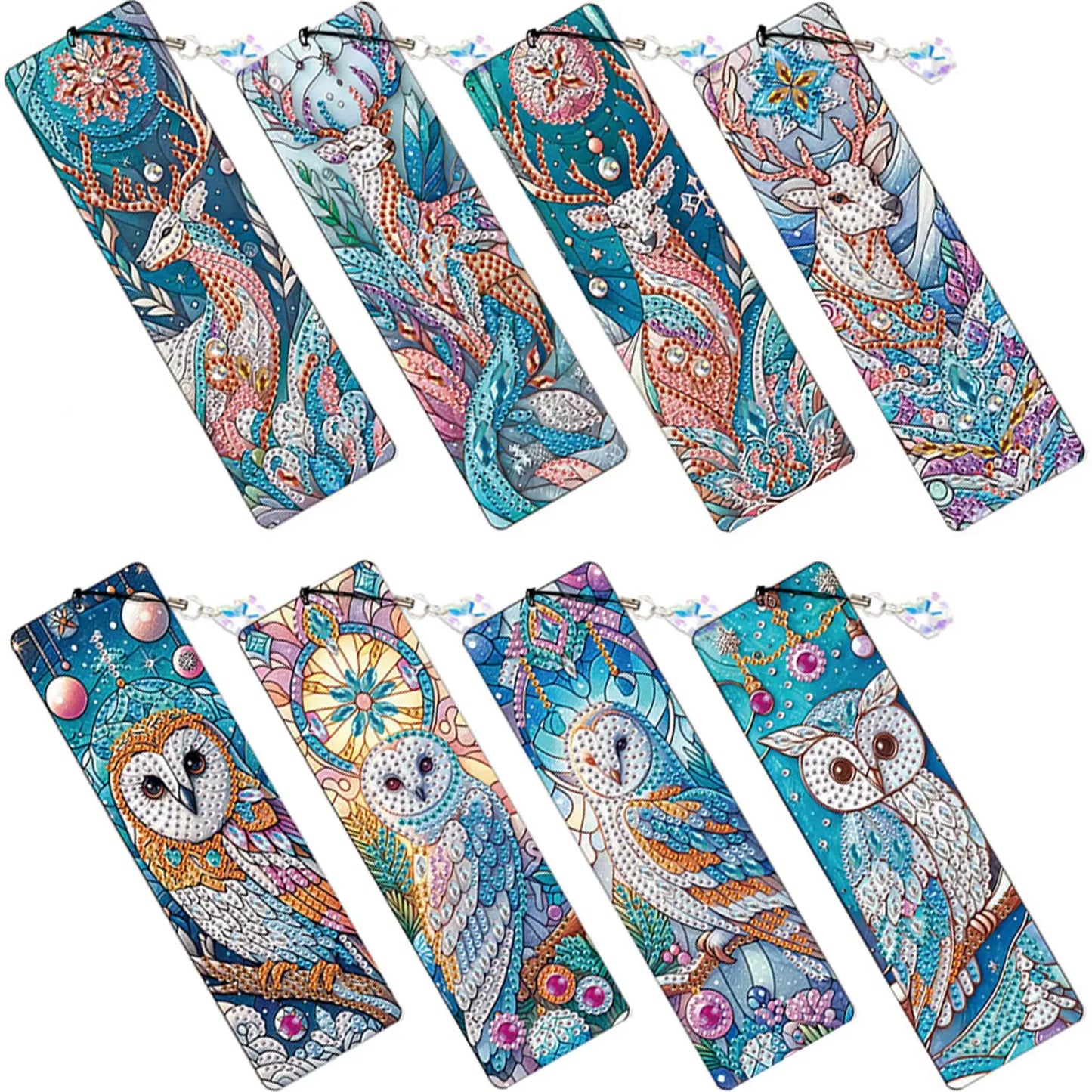 8Pcs DIY Owl Diamond Painting Art Bookmarks with Crystal Pendants for Reading