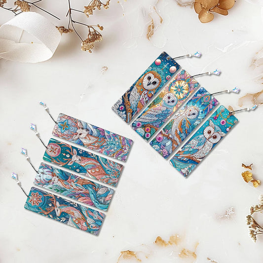 8Pcs DIY Owl Diamond Painting Art Bookmarks with Crystal Pendants for Reading