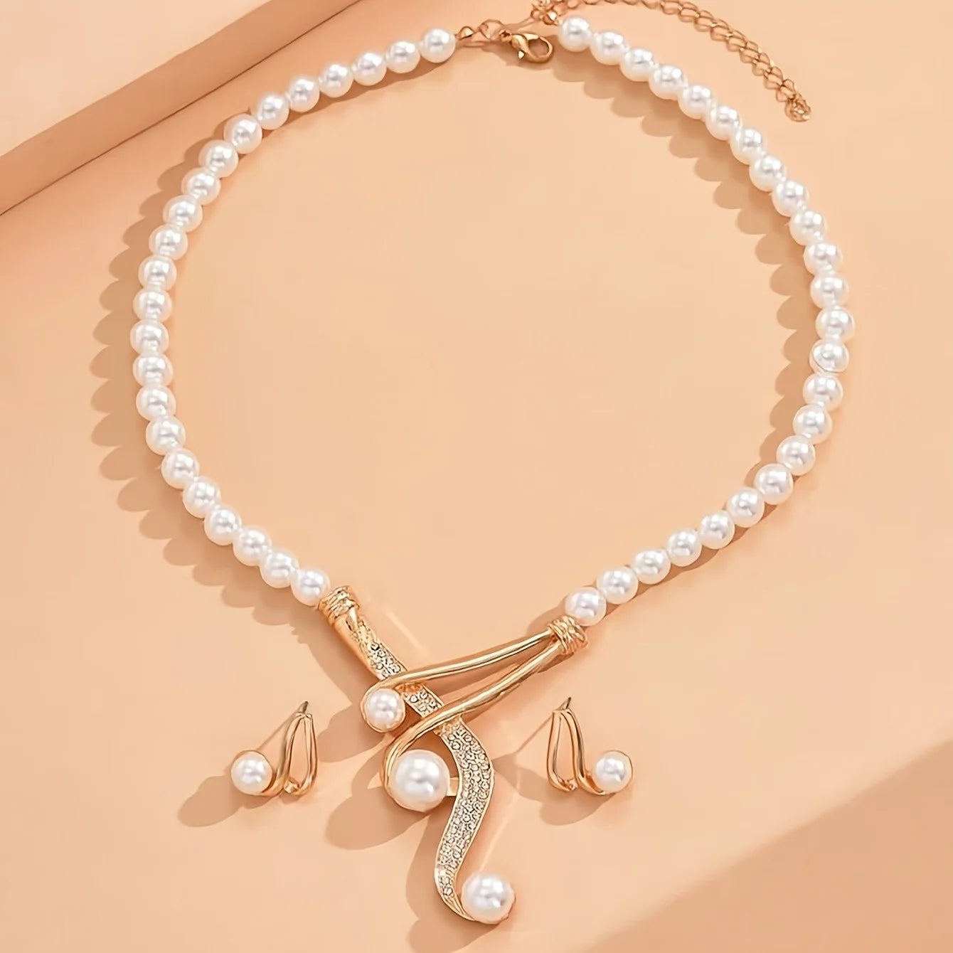 Fine or Fashion Elegant Faux Pearl Necklace and Geometric Pearl Earrings Set Jewelry