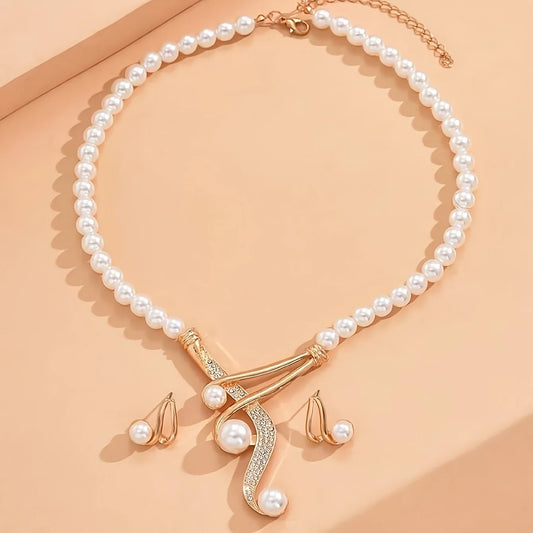 Fine or Fashion Elegant Faux Pearl Necklace and Geometric Pearl Earrings Set Jewelry
