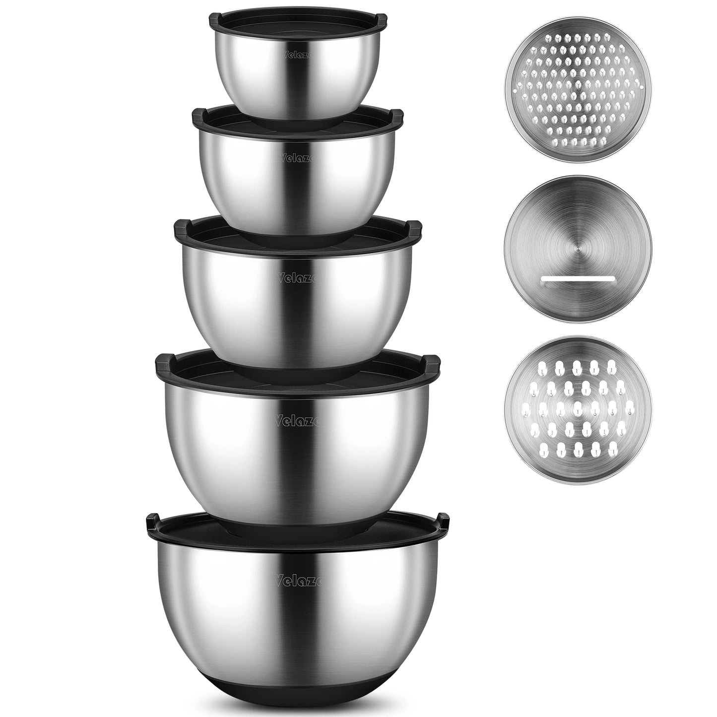 Velaze Set of 5 Stainless Steel Non Slip Salad Mixing Bowls with Grater and Lids for Baking Making and Storage 1L 1.5L 2L 3L 5L