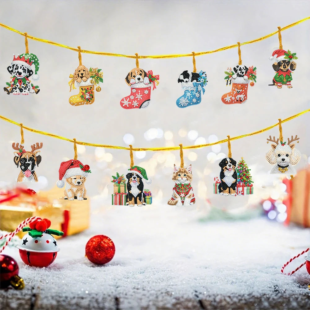 15pcs Xmas Dog Theme 2D Flat DIY Hanging Diamond Art Kits Home Wall Decoration