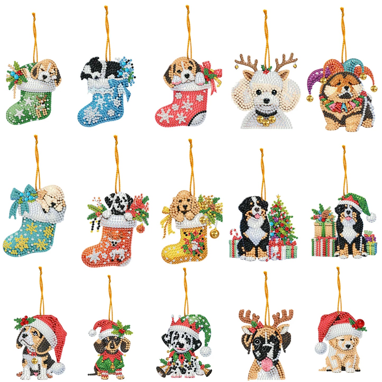 15pcs Xmas Dog Theme 2D Flat DIY Hanging Diamond Art Kits Home Wall Decoration