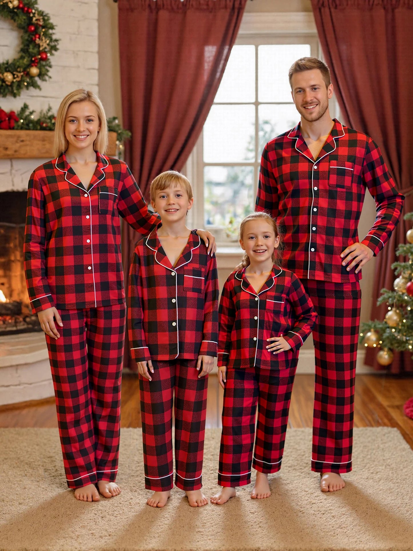 Christmas Family Pajamas Matching Set Long Sleeve Shirt with Pants Plaid Sleepwear Loungewear for the Whole Family