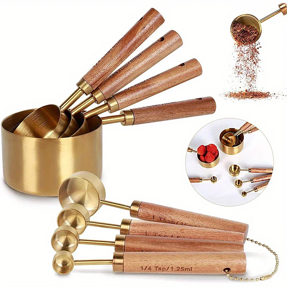 4/8Pcs Measuring Cups Spoons Stainless Steel Gold Wooden Handle Baking Tools Coffee Bartending Scale Kitchen Accessories Set