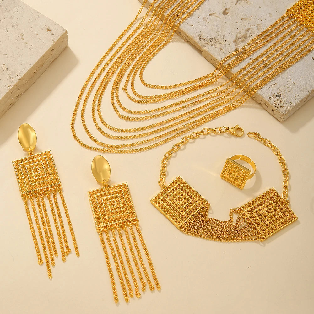 AUKYGGUS Gold Plated Tassel Jewelry Set Necklace Earrings