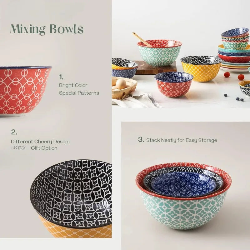 Ceramic Mixing Bowls Set for Kitchen Colorful Vibrant Nesting Bowls for Cooking Baking Prepping Serving Salad