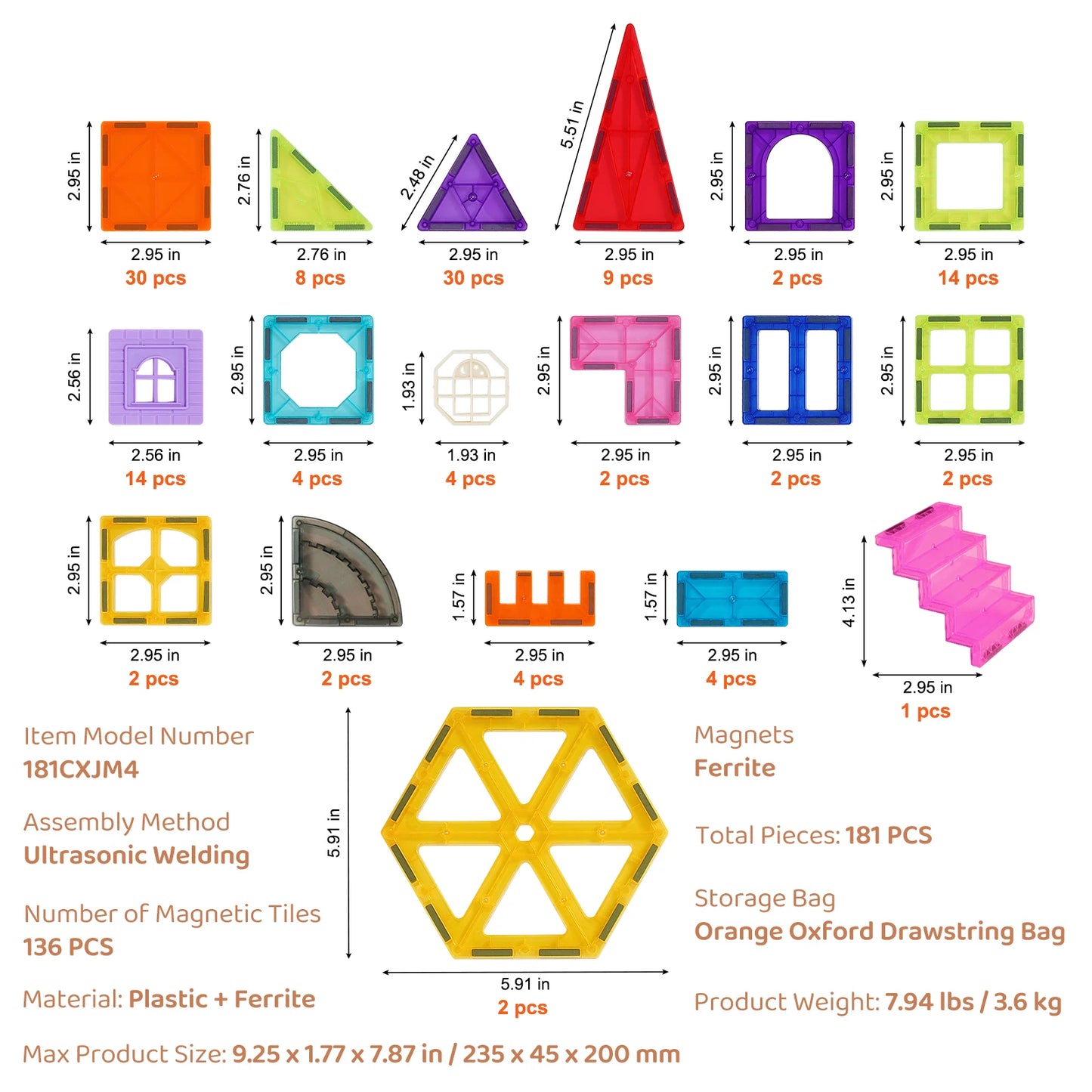 SucceBuy 181Piece Magnetic Tiles Set For Toddlers Educational BuildingBlocksforCreativeLearning