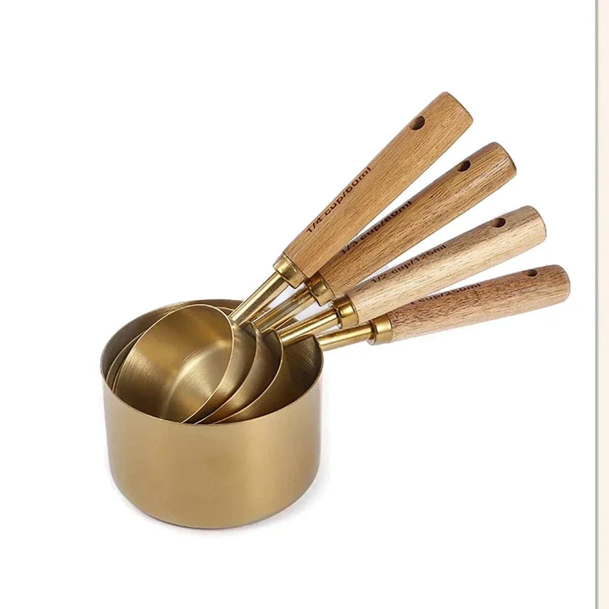 4/8Pcs Measuring Cups Spoons Stainless Steel Gold Wooden Handle Baking Tools Coffee Bartending Scale Kitchen Accessories Set