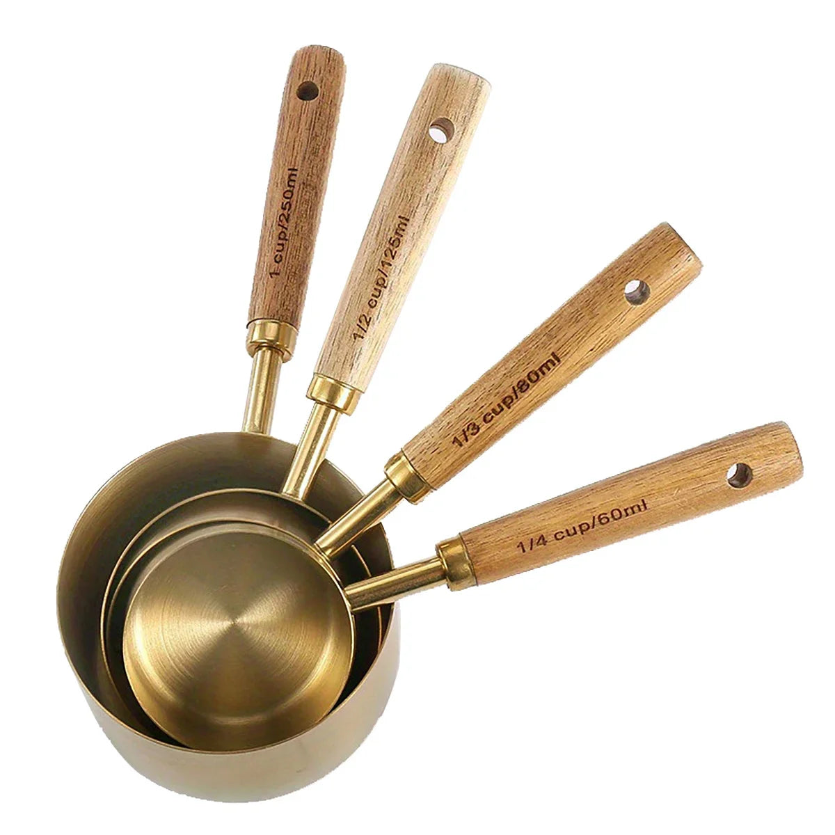 4/8Pcs Measuring Cups Spoons Stainless Steel Gold Wooden Handle Baking Tools Coffee Bartending Scale Kitchen Accessories Set