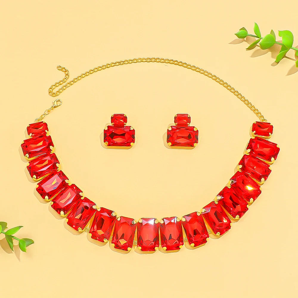 Stonefans Fashion Square Crystal Necklace Set for Women Shiny Red Rhinestone Stud Earrings Bridal Wedding Jewelry Set