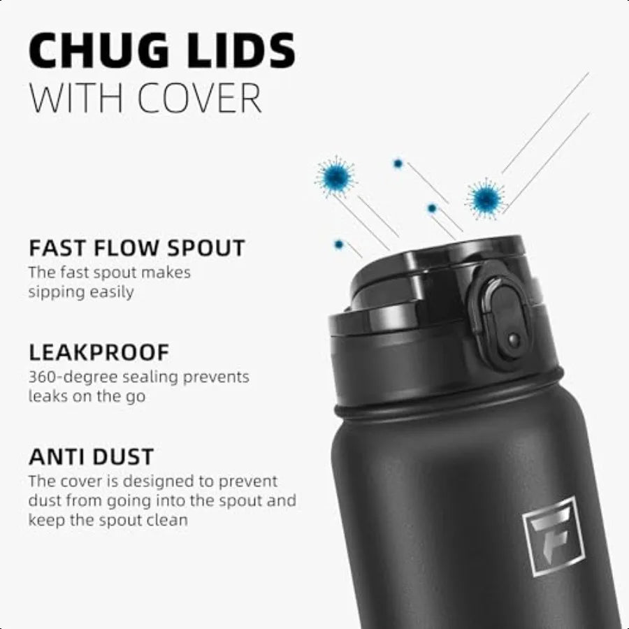 20 Oz Insulated Stainl Steel Water Bottle with 1 Lid Chug Lid For Women Men Leak Sweat Proof with AntiDust Lid (Black)