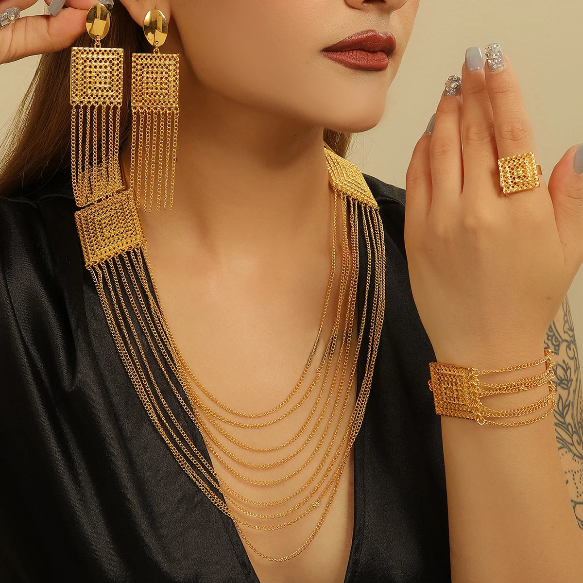AUKYGGUS Gold Plated Tassel Jewelry Set Necklace Earrings