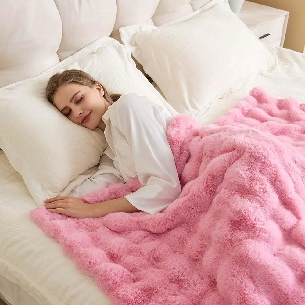 Faux Fur Throw Blanket Reversible Fuzzy Plush Bubble Fleece - Luxury Fluffy Blanket for Home Aesthetics Enthusiast Age 25-40