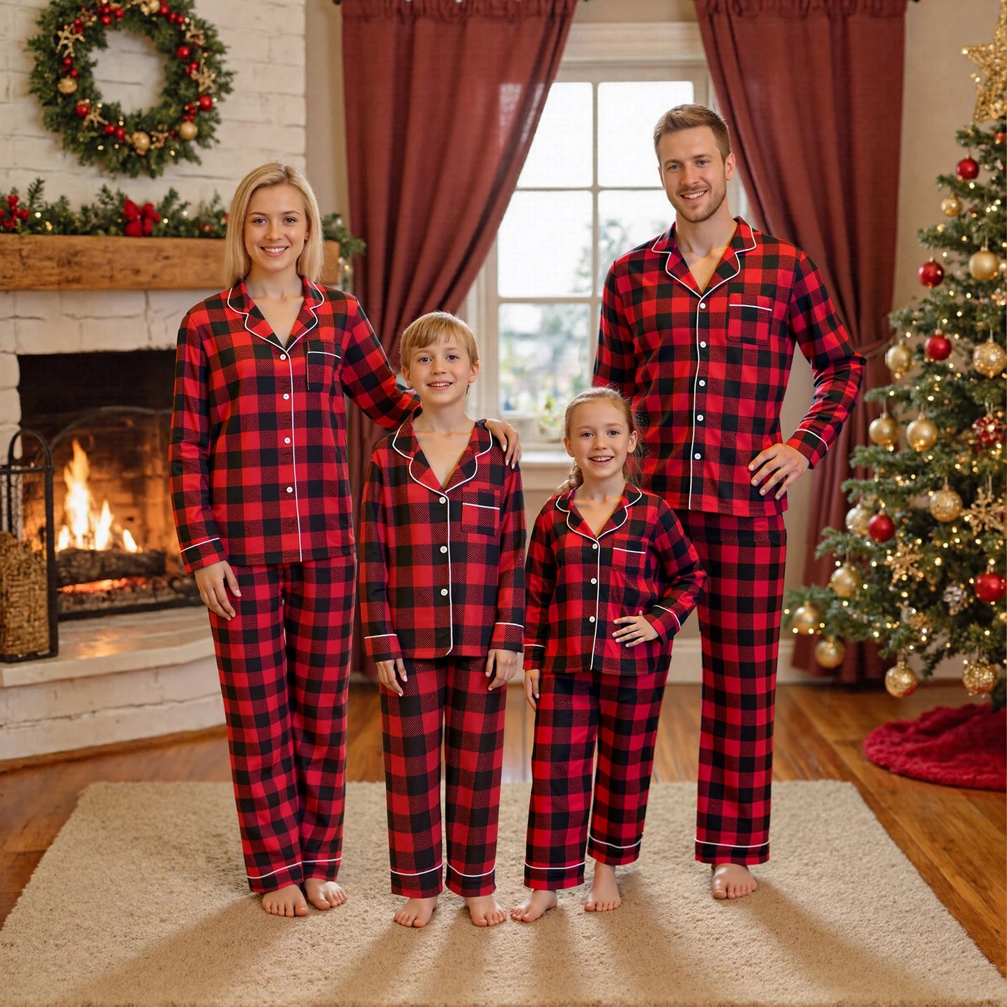 Christmas Family Pajamas Matching Set Long Sleeve Shirt with Pants Plaid Sleepwear Loungewear for the Whole Family