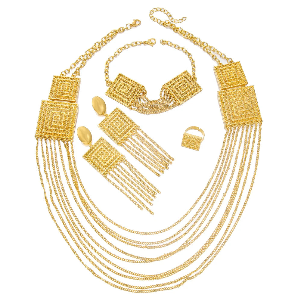 AUKYGGUS Gold Plated Tassel Jewelry Set Necklace Earrings