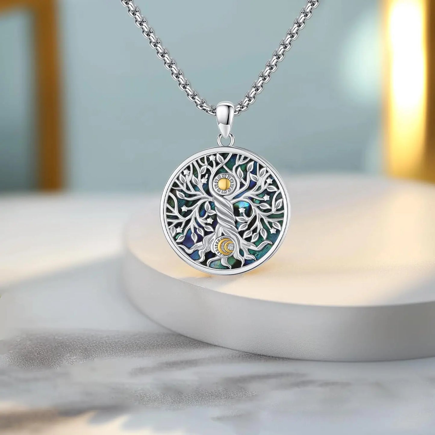 925 Sterling Silver Tree of Life Necklace Pendant Abalone Shell Celtic Knot Family Tree Jewelry for Men and Women Father's Day Gift