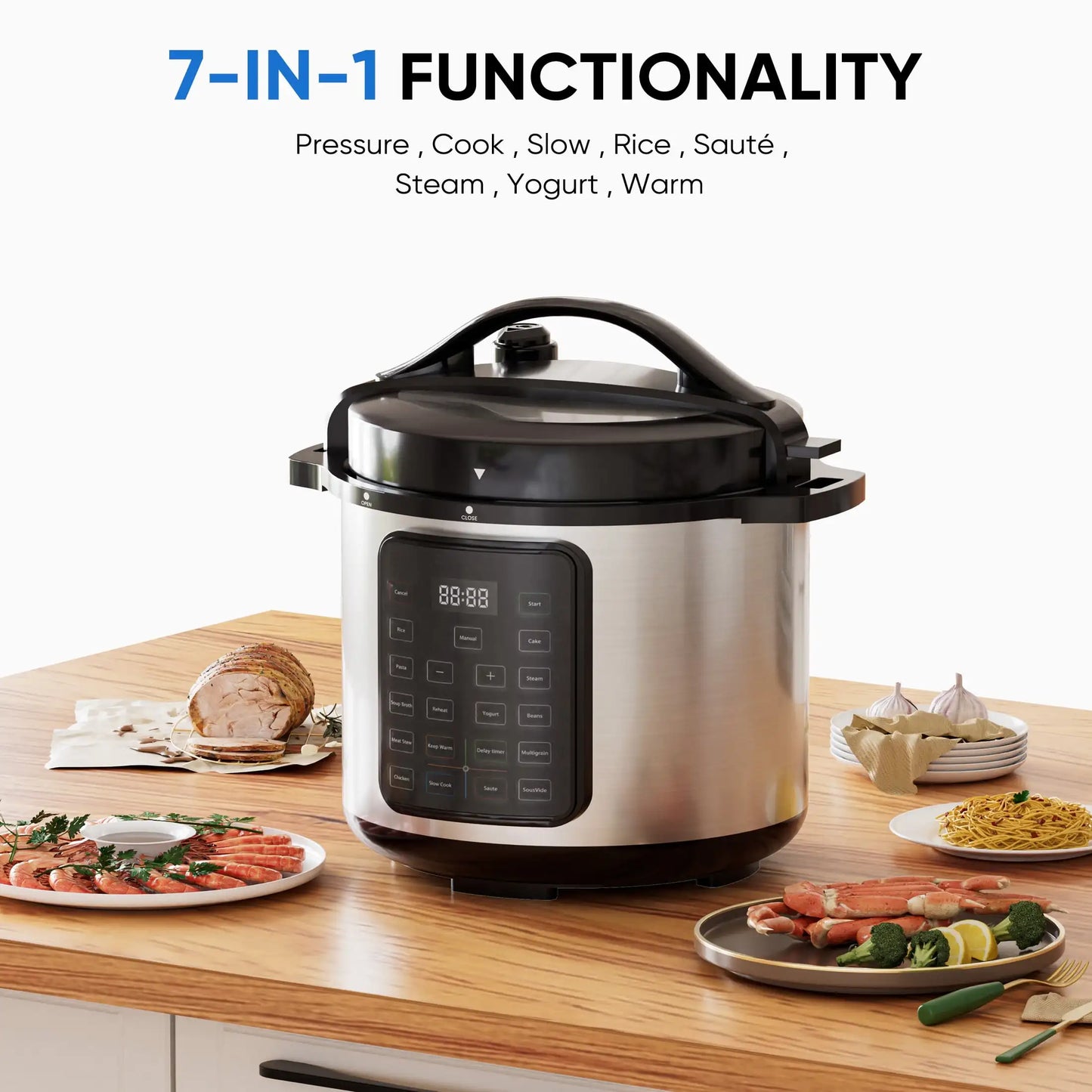 Instant Cooker 8 Quart 7-in-1 Electric Pressure Cooker Multi-Function Features & Stainless Steel Pot