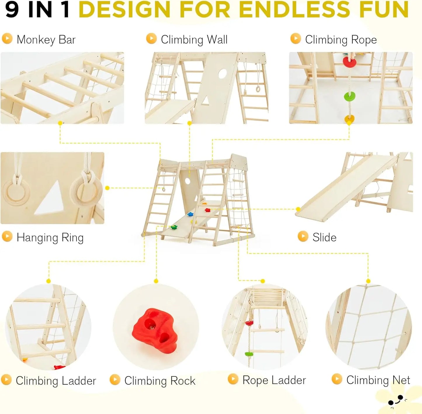 Indoor Jungle Gym 9 in 1 Kids Indoor Playground Climbing Toys with Climbing Wall Slide Monkey Bars Rope Ladder