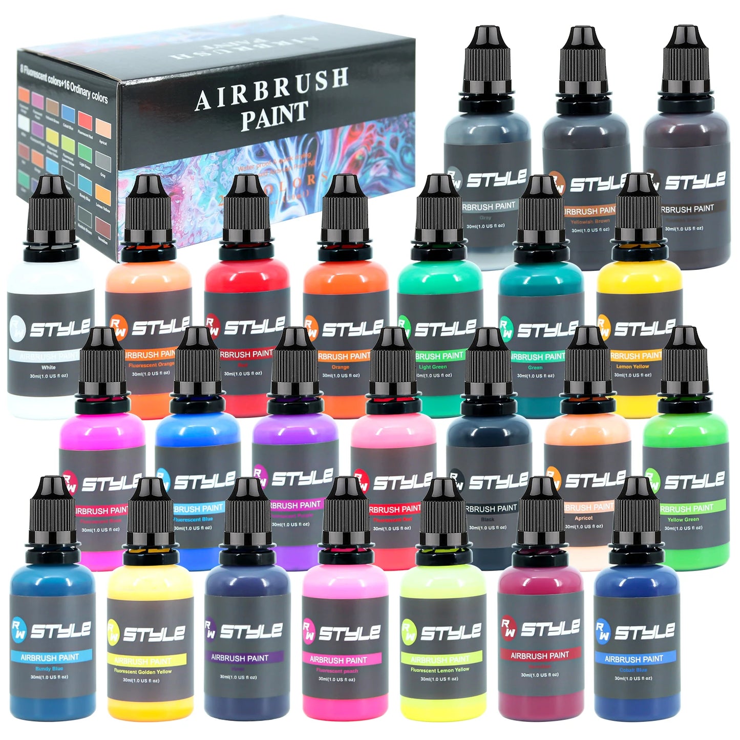 24Colors/Set Airbrush Paint Set, Opaque & Brilliant Acrylic Paint, 1fl Oz, Water Based, Ready To Spray, For Artists, Beginners