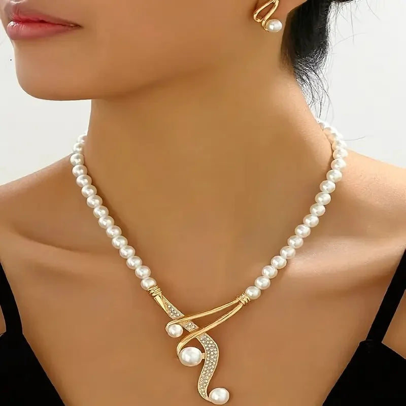 Fine or Fashion Elegant Faux Pearl Necklace and Geometric Pearl Earrings Set Jewelry