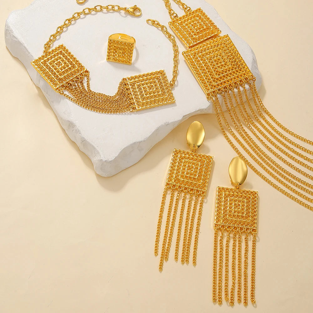 AUKYGGUS Gold Plated Tassel Jewelry Set Necklace Earrings
