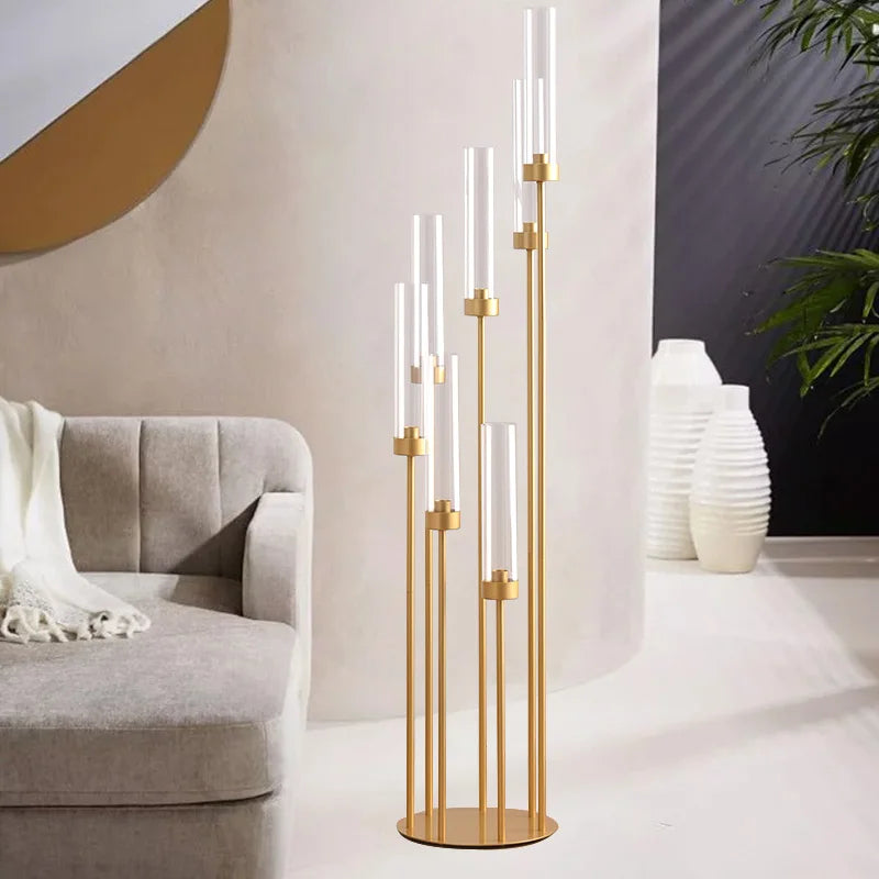 4Sets 7 Arms Floor Candelabra Wedding Centerpieces Gold 48" Tall Metal Candlestick Holders with Acrylic Removable Lampshade
