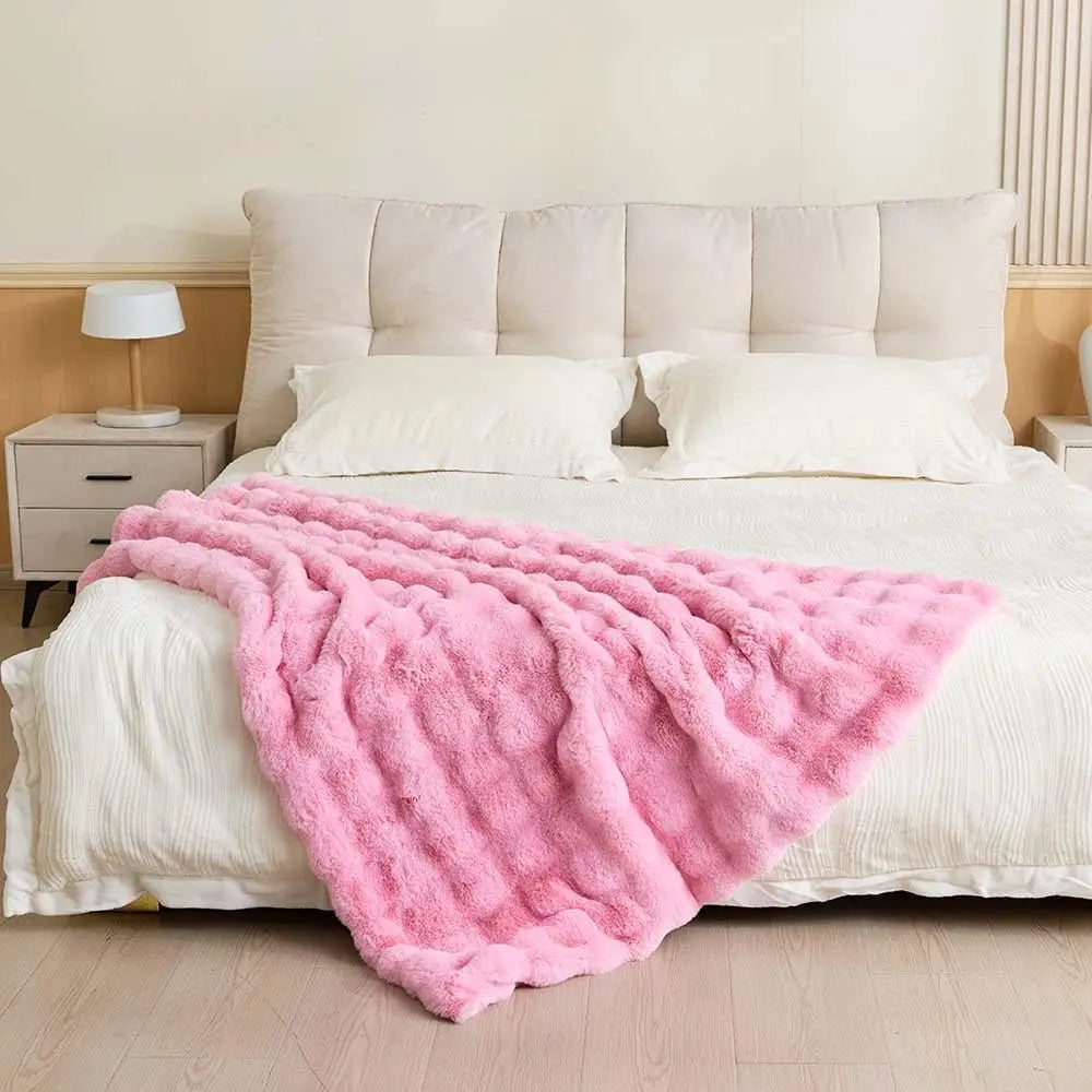 Faux Fur Throw Blanket Reversible Fuzzy Plush Bubble Fleece - Luxury Fluffy Blanket for Home Aesthetics Enthusiast Age 25-40