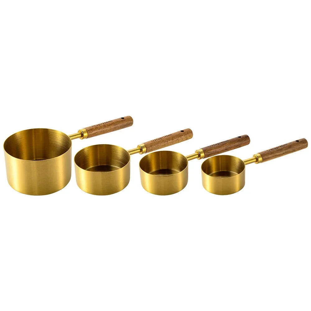 4/8Pcs Measuring Cups Spoons Stainless Steel Gold Wooden Handle Baking Tools Coffee Bartending Scale Kitchen Accessories Set