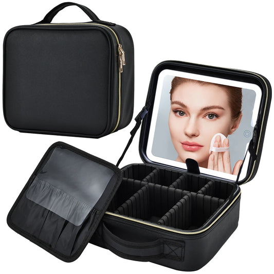 Makeup Bag With LED Mirror 3 Modes Lights Travel Makeup Case Lighted Vanity Mirror Portable Cosmetic Organizer
