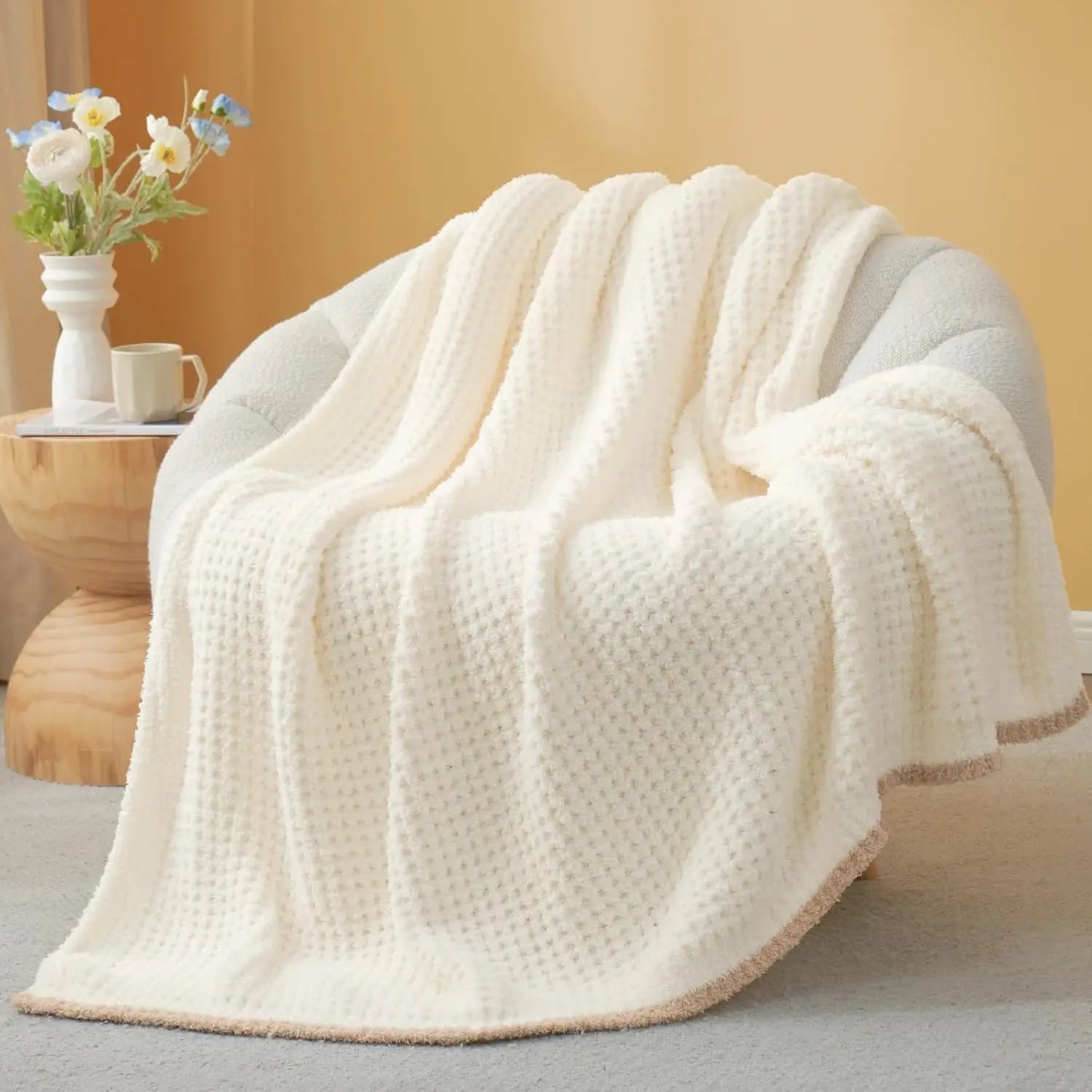 Soft Waffle Throw Blanket for Couch Bed Sofa 50x60 inches,Reversible Cream Blanket Microfiber Fluffy Fuzzy Cozy Knit Throws
