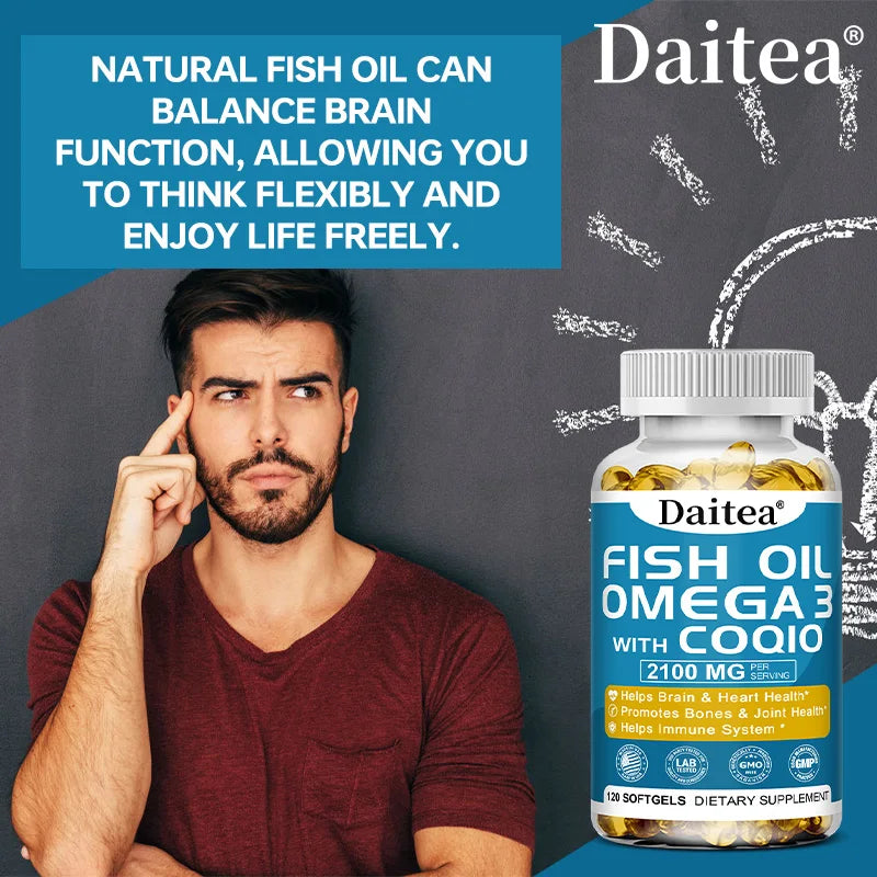 Omega 3 Fish Oil Capsules Triple Strength 2100 Mg EPA & DHA High Antioxidant Brain Heart Health, Helps Immune Cognitive Function