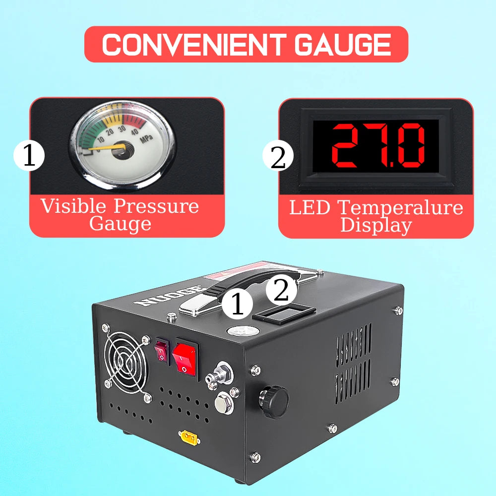 4500Psi 30Mbar Portable PCP Air Compressor Pump 12VDC/110V Power Oil/Water-Free High Pressure Diving Bottle